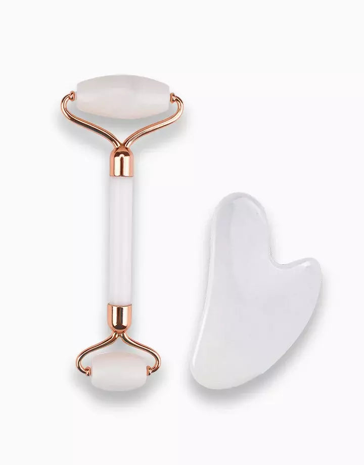 White Jade Roller in Rose Gold Frame and Gua Sha Set