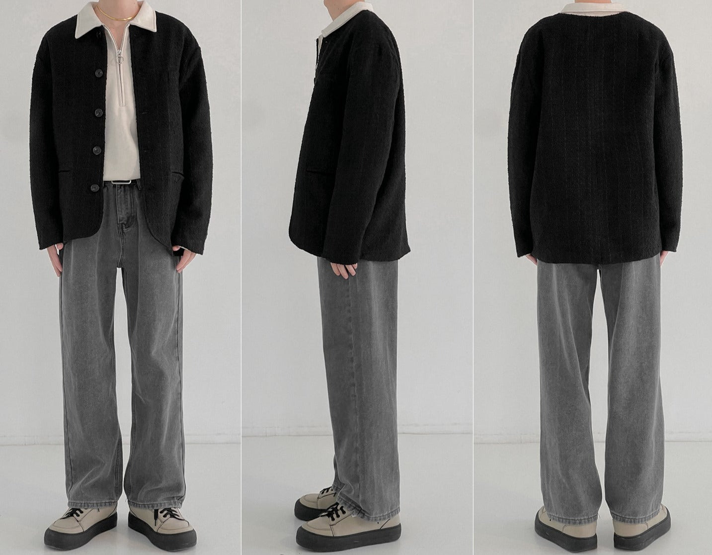 RT No. 5312 BLACK KNITTED TWEED COLLARLESS BUTTON-UP JK