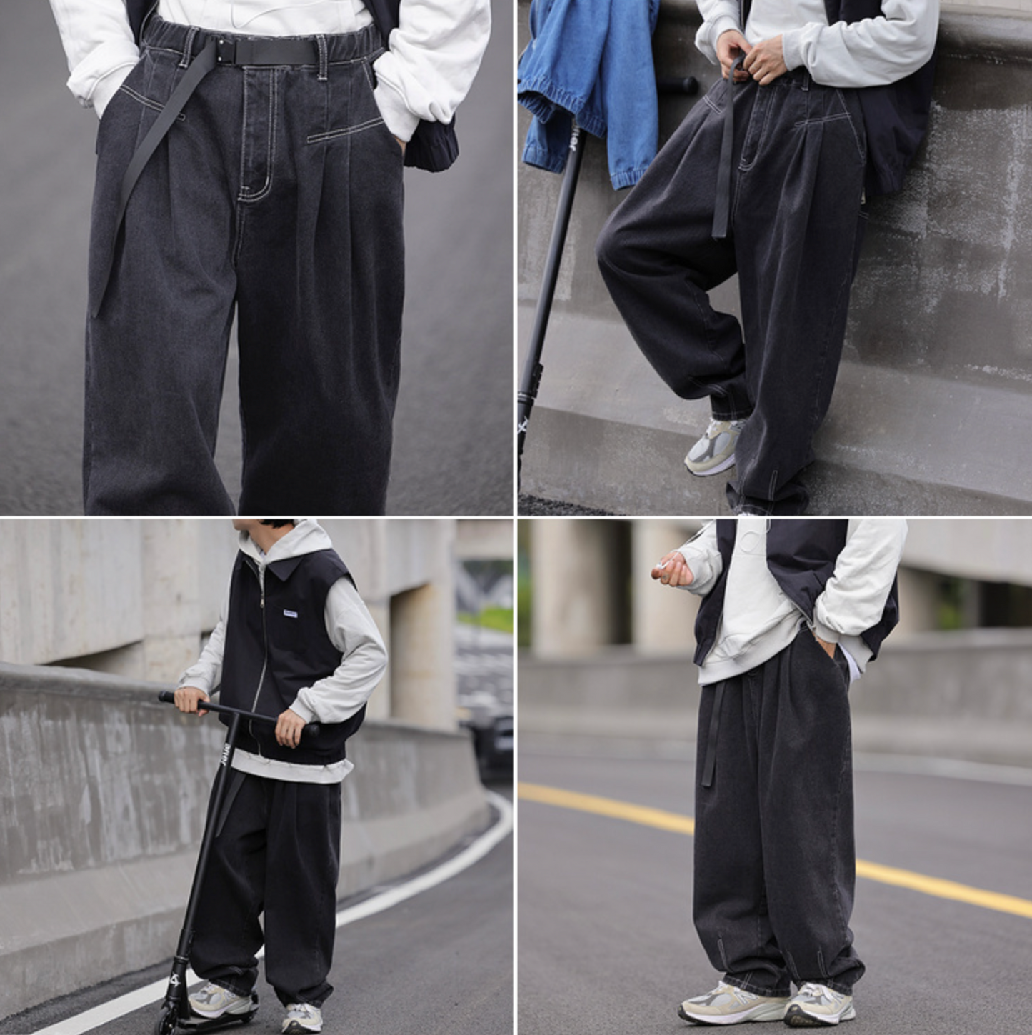 RT No. 5453 STITCHED DARK GRAY BAGGY WIDE CASUAL PANTS