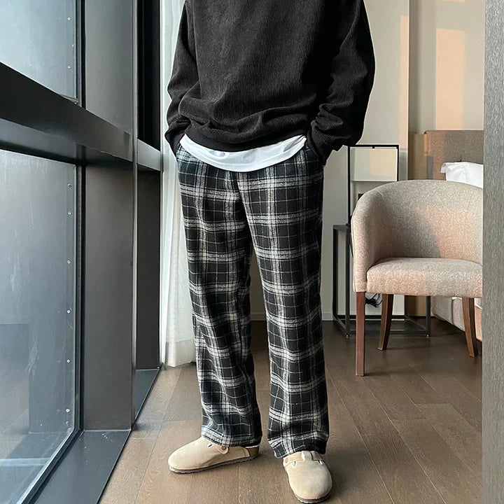 RT No. 5513 BLACK PLAID WIDE STRAIGHT CASUAL PANTS