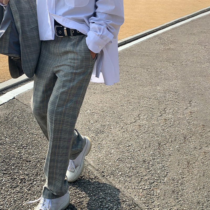 RT No. 2518 GRAY PLAID BLAZER JK & WIDE PANTS (TOP & BOTTOM SET)