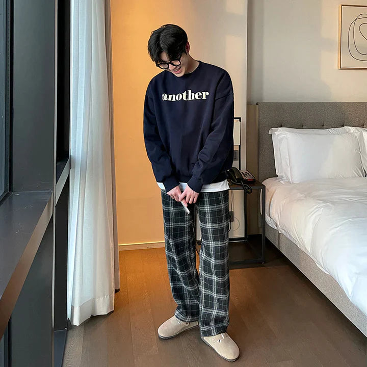 RT No. 5513 BLACK PLAID WIDE STRAIGHT CASUAL PANTS