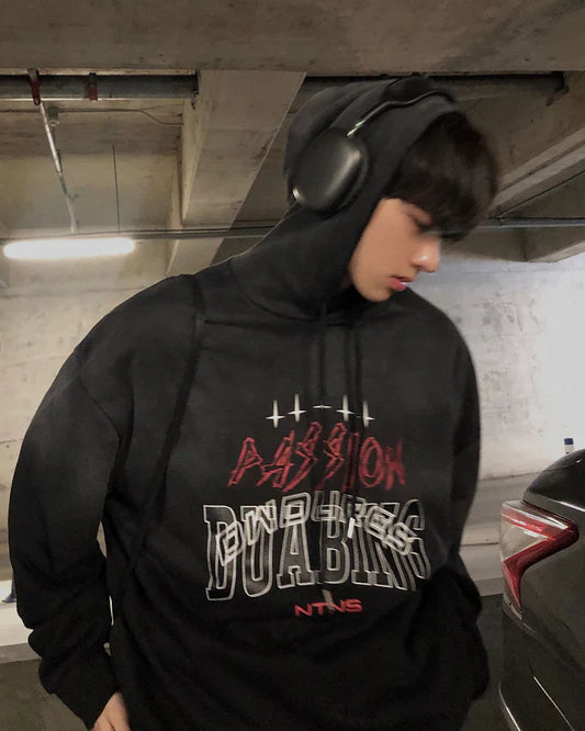 RT No. 5524 WASHED BLACK GRAPHIC LETTERED HOODIE