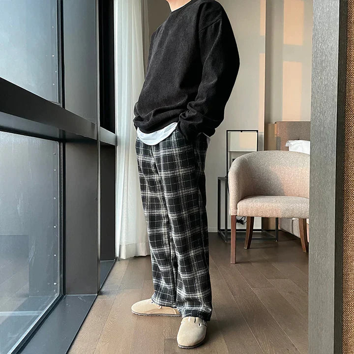RT No. 5513 BLACK PLAID WIDE STRAIGHT CASUAL PANTS