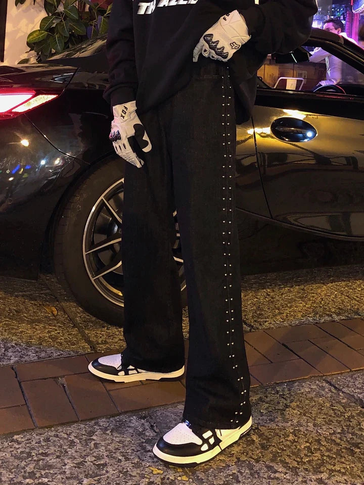 RT No. 5475 BLACK SIDE BUTTON STRAIGHT PANTS