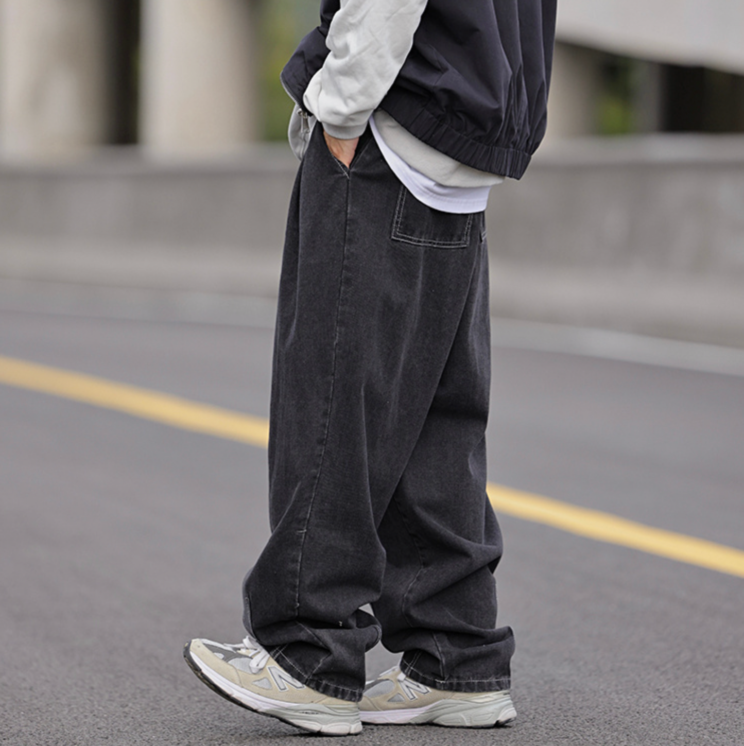 RT No. 5453 STITCHED DARK GRAY BAGGY WIDE CASUAL PANTS